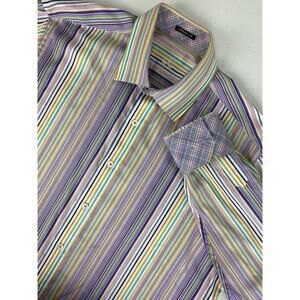 Men Bugatchi Uomo Classic Fit rainbow stripe flip cuff button up dress shirt XL